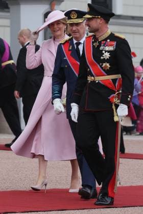 Queen Mathilde of Belgium, King Philippe - Filip of Belgium, Crown Prince Haakon Magnus of Norway and pictured during the official welcome ceremony at Norwegian Royal Palace in Oslo, on the first day of the official state visit of the Belgian royal couple to Norway, on Tuesday 24 March 2026. Belgian monarchs are on an official state visit to Norway from 24 to 26 March 2026.  BENOITxDOPPAGNE 168750597