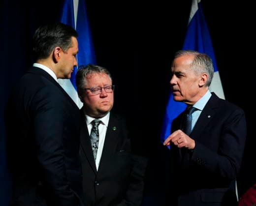 March 24, 2026, Ottawa, Canada: Prime Minister Mark Carney talks with Conservative Leader Pierre Poilievre, left, and Conservative member of Parliament Richard Bragdon as they attend the National Prayers Breakfast in Ottawa on Tuesday, March 24, 2026. Ottawa Canada  - ZUMAc35_ 20260324_zaf_c35_007 Copyright: xSeanxKilpatrickx