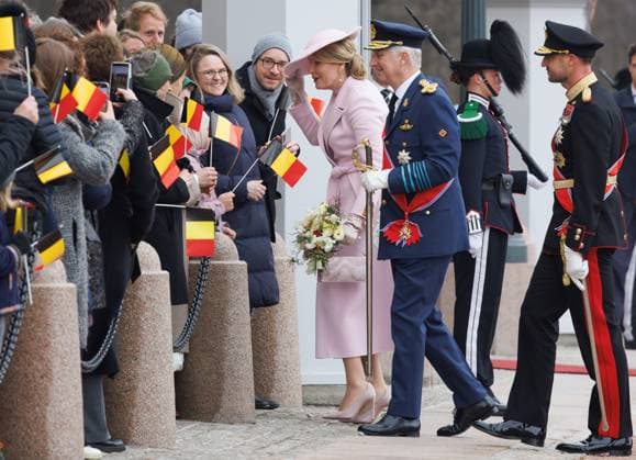 Queen Mathilde of Belgium, King Philippe - Filip of Belgium, Crown Prince Haakon Magnus of Norway and picty pictured during the official welcome ceremony at Norwegian Royal Palace in Oslo, on the first day of the official state visit of the Belgian royal couple to Norway, on Tuesday 24 March 2026. Belgian monarchs are on an official state visit to Norway from 24 to 26 March 2026.  BENOITxDOPPAGNE 168763966