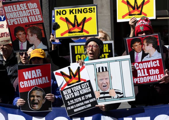 March 24, 2026, New York, New York, USA: Outside the Newscorp Building in Midtown Manhattan demonstrators encourage passersby to fill the streets on March 28th for the third national No Kings No ICE No War anti-Trump march and rally. Protesters denounce Fox News for failing to report on No Kings 3, standing outside the network s headquarters leafleting and chanting. Peaceful protesters hold a sign with an image of President Trump wearing prison stripes behind bars and signs that read RELEASE the UNREDACTED EPSTEIN FILES with an image of J. Epstein and President Trump WAR CRIMINAL with an image of Secretary of Defense Hegseth NEW YORK New York SAYS NO KINGS 3.28.2026 AT 2PM 7TH AVE and CENTRAL PARK SOUTH NOKINGSNYC.COM NO KINGS! C  - ZUMAr174 20260324_znp_r174_028 Copyright: xGinaxMxRandazzox