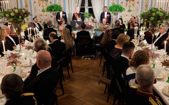 Queen Sonja of Norway, King Philippe - Filip of Belgium, Queen Mathilde of Belgium and King Harald V of Norway pictured at the State Banquet hosted by Norwegian royal family in the Royal Palace in Oslo, on the first day of the official state visit of the Belgian royal couple to Norway, on Tuesday 24 March 2026. Belgian monarchs are on an official state visit to Norway from 24 to 26 March 2026.  BENOITxDOPPAGNE 168803170