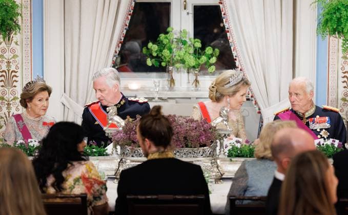 Queen Sonja of Norway, King Philippe - Filip of Belgium, Queen Mathilde of Belgium and King Harald V of Norway pictured at the State Banquet hosted by Norwegian royal family in the Royal Palace in Oslo, on the first day of the official state visit of the Belgian royal couple to Norway, on Tuesday 24 March 2026. Belgian monarchs are on an official state visit to Norway from 24 to 26 March 2026.  BENOITxDOPPAGNE 168803183