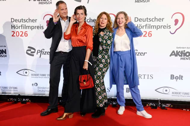 Klaus-Peter Grap, Julia Bremermann, Marion Kracht und Petra Zieser bei der Verleihung des 24. Deutschen Hörfilmpreises 2026 im Colosseum Filmtheater. Berlin, 24.03.2026