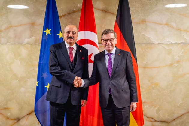 News Bilder des Tages Johann Wadephul (CDU), Bundesaussenminister, und Mohammed Ali Nafti, Aussenminister von Tunesien, aufgenommen im Rahmen eines Treffens in Berlin, 25.03.2026. Fotografiert im Auftrag des Auswaertigen Amtes Berlin Deutschland *** Johann Wadephul CDU , Federal Foreign Minister, and Mohammed Ali Nafti, Foreign Minister of Tunisia, photographed during a meeting in Berlin, 25 03 2026 Photographed on behalf of the Federal Foreign Office Berlin Germany Copyright: xJulianexSonntag AAx