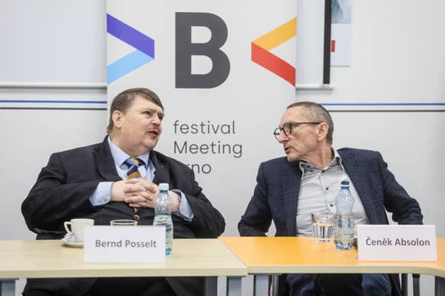 From left: Bernd Posselt, Chairman of the Sudeten German Homeland Association (Sudetendeutsche Landsmannschaft), and Director of the Regional Office of the Czechoslovak Chamber of Commerce and Industry in Brno Cenek Absolon talk to journalists before the upcoming congress of Sudeten Germans, in Brno, Czech Republic, on March 26, 2026. (CTKxPhoto MonikaxHlavacova) CTKPhotoP2026032604363  CTKPhotoP2026032604363