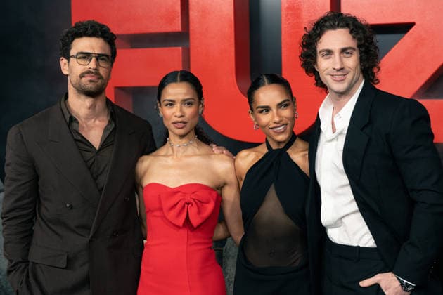 March 26, 2026, London, United Kingdom: (L to R) Theo James, Saffron Hocking, Gugu Mbatha-Raw and Aaron Taylor-Johnson attend the UK Premiere of Sky Original Fuze at the Odeon Luxe West End. London United Kingdom - ZUMAs197 20260326_aaa_s197_380 Copyright: xLounisxTiarx