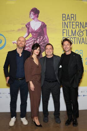 Bari - Bif&st in the photo Giorgio Pasotti with Valentina Cervi and the director Fabrizio Cattani and the writer Gianluca Antoni (left)  Copyright: x xipa-agency.netx xFabioxSerinox IPA_Agency_IPA73489030