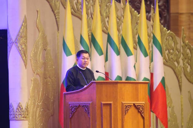 (260328) -- NAY PYI TAW, March 28, 2026 -- Myanmar s Acting President Senior General Min Aung Hlaing speaks during a ceremony marking the one-year anniversary of the Mandalay earthquake in Nay Pyi Taw, Myanmar, March 28, 2026. A ceremony marking the one-year anniversary of the Mandalay earthquake that struck on March 28, 2025, was held in Myanmar s capital Nay Pyi Taw on Saturday, according to state-owned Myanmar Radio and Television. ) MYANMAR-NAY PYI TAW-MANDALAY EARTHQUAKE-ANNIVERSARY-CEREMONY MyoxKyawxSoe 