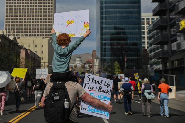 March 28, 2026, Salt Lake City, Utah, United States of America: Protesters gather in downtown Salt Lake City for the No Kings Protest. Marching through the streets the protesters ended the march at the state capitol. Salt Lake City United States of America - ZUMAk176 20260328_zip_k176_020 Copyright: xMadeleinexKellyx