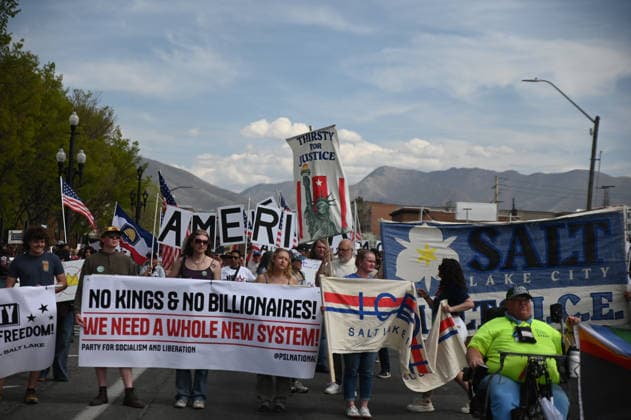 March 28, 2026, Salt Lake City, Utah, United States of America: Protesters gather in downtown Salt Lake City for the No Kings Protest. Marching through the streets the protesters ended the march at the state capitol. Salt Lake City United States of America - ZUMAk176 20260328_zip_k176_012 Copyright: xMadeleinexKellyx