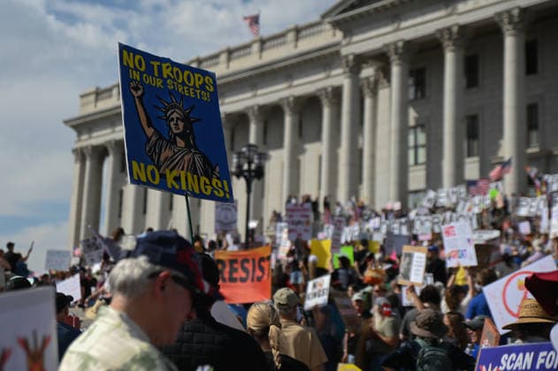 March 28, 2026, Salt Lake City, Utah, United States of America: Protesters gather in downtown Salt Lake City for the No Kings Protest. Marching through the streets the protesters ended the march at the state capitol. Salt Lake City United States of America - ZUMAk176 20260328_zip_k176_017 Copyright: xMadeleinexKellyx