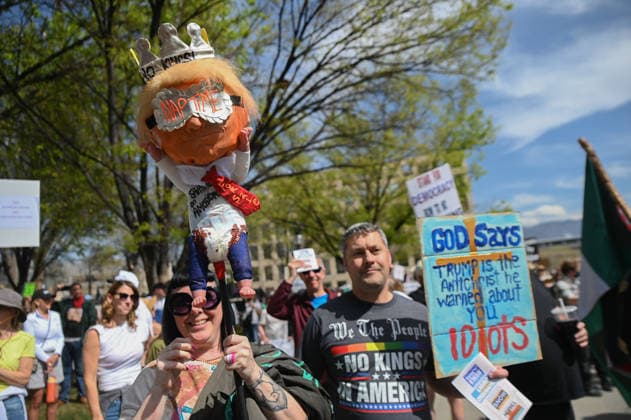 March 28, 2026, Salt Lake City, Utah, United States of America: Protesters gather in downtown Salt Lake City for the No Kings Protest. Marching through the streets the protesters ended the march at the state capitol. Salt Lake City United States of America - ZUMAk176 20260328_zip_k176_001 Copyright: xMadeleinexKellyx