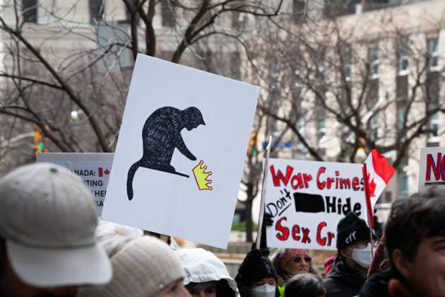 No Tyrants rally in Toronto, Canada - 28 Mar 2026 Protest sign depicting a cat knocking a crown over at the No Tyrants rally in Toronto. Hundreds of demonstrators gathered in Toronto on Saturday for the No Tyrants rally, the name used in countries with constitutional monarchies for the broader No Kings movement opposing U.S. President Donald Trump. Organized in part by Democrats Abroad, the event drew a large crowd that included many self-identified American citizens living in Canada. Marchers sang and carried signs as they walked through downtown Toronto streets near the U.S. Consulate. The Toronto action was part of a global day of protest, with more than 3,100 events organized across all 50 U.S. states and sister demonstrations Copyright: xStaceyxNewmanx xSOPAxImagesx StaceyNewman-1541