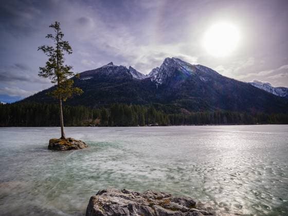 Creative Highlights World Baum auf kleinem Felsen im gefrorenen Hintersee, darüber Hochkalter, Nationalpark Berchtesgaden, Ramsau, Oberbayern, Bayern, Deutschland Tree on a small rock in frozen Hintersee, above Hochkalter, Berchtesgaden National Park, Ramsau, Upper Bavaria, Bavaria, Germany Copyright: imageBROKER HerbertxBerger ibxheb17162488.jpg