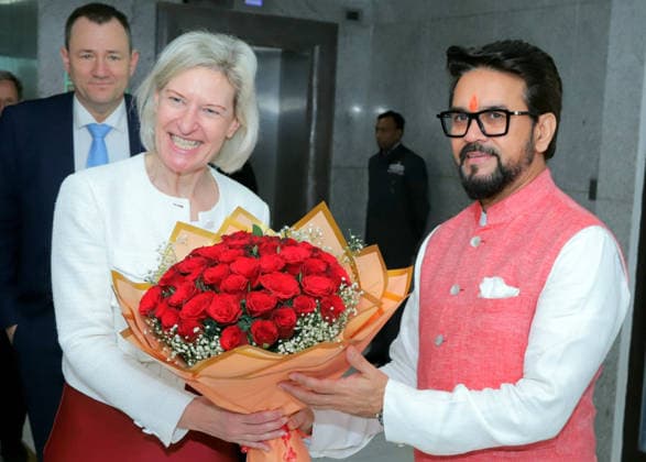 RECORD DATE NOT STATED BJP MP Anurag Thakur and European Parliament member Angelika Niebler at Sansad Bhavan in New Delhi New Delhi, Mar 30 (ANI): BJP MP Anurag Thakur presents a bouquet of flowers to the European Parliament member, Angelika Niebler, following the India-European Parliament Parliamentary Friendship Group roundtable meeting at Sansad Bhavan, New Delhi, on Monday. (@LokSabhaSectt ANI Photo) NEW DELHI Delhi India Copyright: xANIx ANI_20260330298