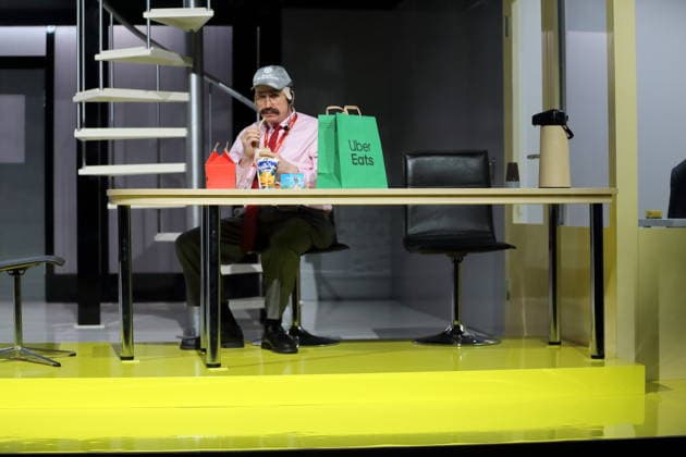 Lars Eidinger (als Harpagon) während der Fotoprobe für Der Geizige in der Schaubühne am Lehniner Platz in Berlin, 30. März 2026. Von Moliere. Regie Thomas Ostermeier. Bühne Magda Willi. Kostüme Vanessa Sampaio Borgmann. Premiere ist am 2. April 2026. Schaubühne Berlin Der Geizige