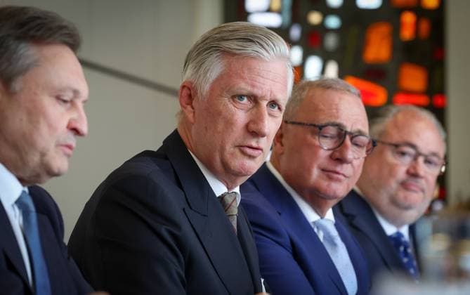 King Philippe - Filip of Belgium pictured during a roundtable discussion on the socioeconomic revitalization of the Centre region (Region du Centre), in La Louviere, Tuesday 31 March 2026.  VIRGINIExLEFOUR 169396344
