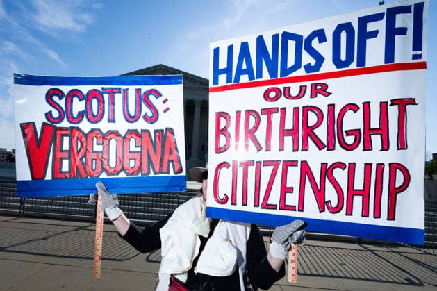 Birthright Citizenship Supreme Court UNITED STATES - APRIL 1: Protesters hold signs supporting birthright citizenship outside the U.S. Supreme Court on Wednesday, April 1, 2026. The U.S. Supreme Court heard oral arguments in a landmark case on birthright citizenship.(Bill Clark CQ Roll Call) Washington DC United States EDITORIAL USE ONLY Copyright: x x2026xCQxRollxCallx BillxClarkx rollcallpix170089