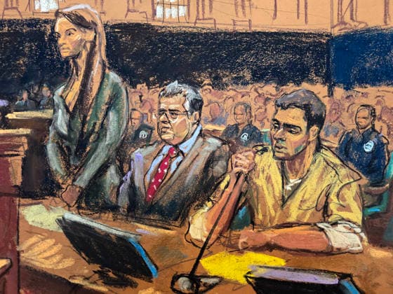 Photograph of a drawing by artist Jane Rosenberg showing Luigi Mangione (R) speaking alongside his attorneys Karen (L) and Marc Agnifilo (C) during a hearing in a federal court in New York, United States, 01 April 2026. A New York judge postponed the federal trial of Luigi Mangione, the 27-year-old accused of murdering UnitedHealthcare CEO Brian Thompson, rescheduling it for mid-October or early November, which adds more time between this proceeding and his state trial in June. Luigi Mangione s federal trial has been postponed until late October !ACHTUNG: NUR REDAKTIONELLE NUTZUNG!  Copyright: xJanexRosenbergx USA9586 20260401-55019878252_1