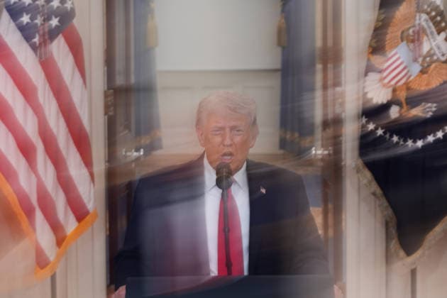 In this image made with a long exposure, President Donald Trump delivers a prime-time address to the nation from the Cross Hall in the White House in Washington DC on Wednesday, April 1, 2026. President Trump used the address to update the public on the month-long war in Iran. Pool photo by Alex Brandon  WAX20260401551 AlexxBrandon