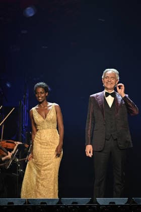 Andrea Bocelli And Andrea Lykke Oehlenschlæger In Concert - Paris Andrea Bocelli, Andrea Lykke Oehlenschlæger performs at the Accor Arena in Paris, France on April 1, 2026. Photo by Christophe Meng ABACAPRESS.COM Paris France  Copyright: xMengxChristophe ABACAx
