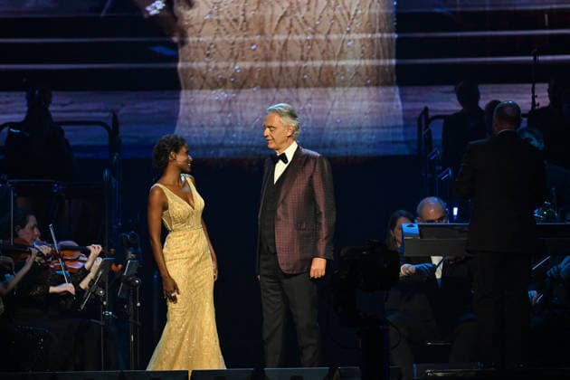 Andrea Bocelli And Andrea Lykke Oehlenschlæger In Concert - Paris Andrea Bocelli, Andrea Lykke Oehlenschlæger performs at the Accor Arena in Paris, France on April 1, 2026. Photo by Christophe Meng ABACAPRESS.COM Paris France  Copyright: xMengxChristophe ABACAx