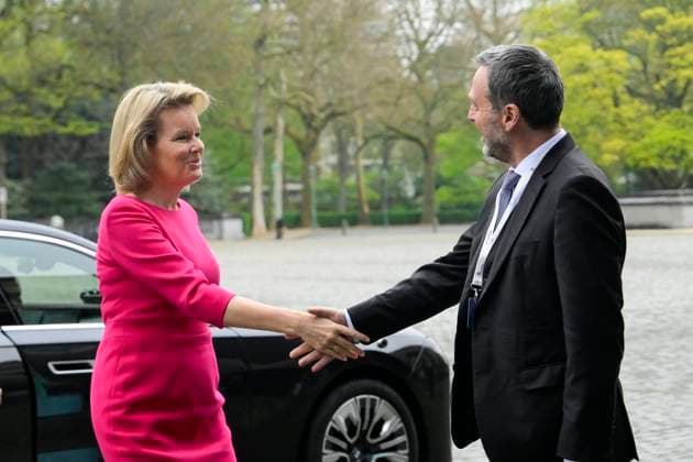 Queen Mathilde Adresses Be Philanthropy 2026 BRUSSELS, BELGIUM - APRIL 02: Queen Mathilde of Belgium pictured arriving the opening of Be Philanthropy 2026 and greeting Pierre Wunsch,Governor National Bank of Belgium, on April 02, 2026 in Brussels, Belgium, 02 04 2026 Brussels Belgium  Copyright: xPhilipxReynaersx