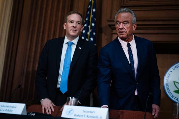 Microplastics event at EPA UNITED STATES - APRIL 2: HHS Secretary Robert F. Kennedy, Jr., right, and EPA Administrator Lee Zeldin participate in a discussion to announce microplastics and pharmaceuticals will be listed as contaminants in drinking water, at the Environmental Protection Agency in Washington on Thursday, April 2, 2026. (Tom Williams CQ Roll Call) Washington DC United States EDITORIAL USE ONLY Copyright: x2026xCQ-RollxCall,xInc.x TomxWilliamsx rollcallpix170102