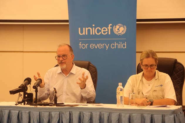 April 2, 2026, Juba, Ces Juba, South Sudan: TED CHAIBAN , UNICEF Deputy Executive Director (R ) addresses journalists at Pyramid Hotel,Juba , South Sudan highlighting UNICEF emergency response to the growing humanitarian needs of children and families across South Sudan, particularly in conflict affected areas such as Jonglei State. Juba South Sudan - ZUMAb132 20260402_zip_b132_014 Copyright: xSamirxBolx
