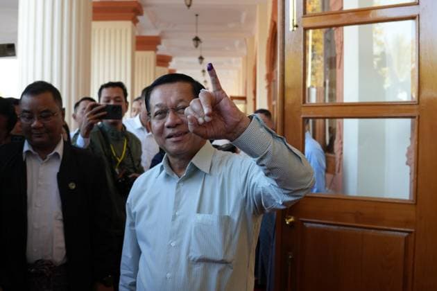 (260403) -- NAY PYI TAW, April 3, 2026 -- This file photo taken on Dec. 28, 2025 shows Min Aung Hlaing showing his inked finger after casting vote at a polling station in Nay Pyi Taw, Myanmar. Min Aung Hlaing on Friday secured more than half of the votes in Myanmar s Union Parliament, winning the country s presidential election. (Photo by Xinhua) MYANMAR-NAY PYI TAW-PRESIDENT-ELECTION EixMonxKyaw 