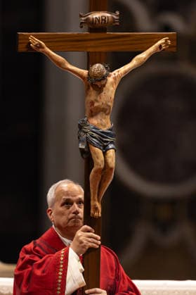 April 3, 2026, Vatican City, Pomeranian Voivodeship, VATICAN: Pope Leo XIV holds the cross with Christ while celebrating Mass during the solemn Good Friday liturgy at Saint Peters Basilica in Rome, in the presence of clergy and the faithful. Vatican City VATICAN - ZUMAl194 20260403_zip_l194_052 Copyright: xMarekxLadzinskix