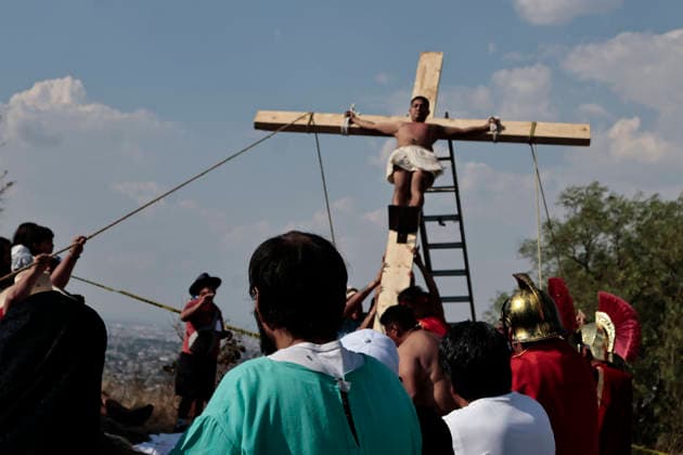 April 3, 2026, Mexico City, Cdmx, Mexico: As part of Holy Week, the Stations of the Cross were held today. According to the Catholic Church, this event commemorates Jesus crucifixion and death after a soldier pierced his side with a spear. The reenactment was performed by residents of the Tenorios area, which belongs to the Iztapalapa borough. Hundreds of people of all ages walked the streets dressed as apostles, wearing crowns of thorns and carrying crosses of varying sizes to ask for favors or give thanks for miracles they prayed to God for and received. The crucifixion of the actors portraying Dismas, Gestas, and Jesus takes place every year in the Tezontle mines located within the Tenorios area. Hundreds of residents gather there to or - ZUMAp204 20260403_zip_p204_044 Copyright: xJosuexPerezx
