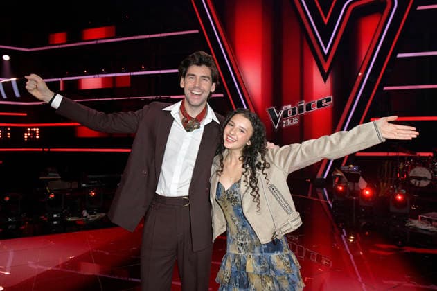 Alvaro Soler und Susey vom Team Alvaro beim Photocall mit den Finalisten und Coaches der 14. Staffel der TV-Show The Voice Kids im Studio H Berlin-Adlershof. Berlin, 03.04.2026
