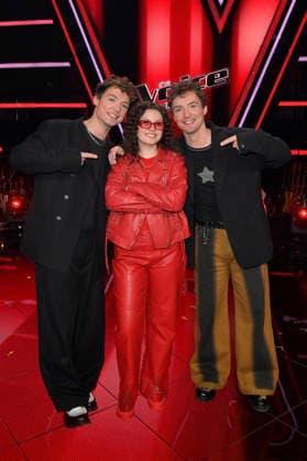 Heiko Lochmann, Lionella und Roman Lochmann vom Team HE RO beim Photocall mit den Finalisten und Coaches der 14. Staffel der TV-Show The Voice Kids im Studio H Berlin-Adlershof. Berlin, 03.04.2026