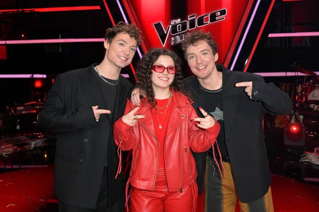 Heiko Lochmann, Lionella und Roman Lochmann vom Team HE RO beim Photocall mit den Finalisten und Coaches der 14. Staffel der TV-Show The Voice Kids im Studio H Berlin-Adlershof. Berlin, 03.04.2026