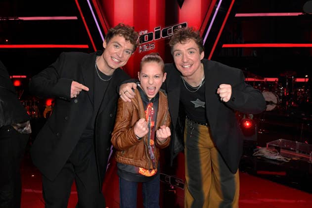 Heiko Lochmann, Levy und Roman Lochmann vom Team HE RO beim Photocall mit den Finalisten und Coaches der 14. Staffel der TV-Show The Voice Kids im Studio H Berlin-Adlershof. Berlin, 03.04.2026