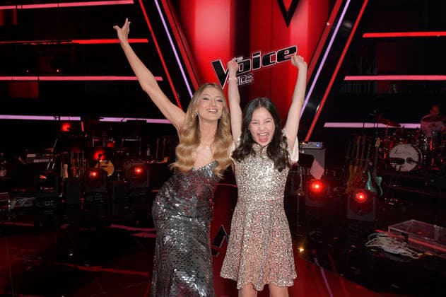 Leony und Angelina vom Team Leony beim Photocall mit den Finalisten und Coaches der 14. Staffel der TV-Show The Voice Kids im Studio H Berlin-Adlershof. Berlin, 03.04.2026