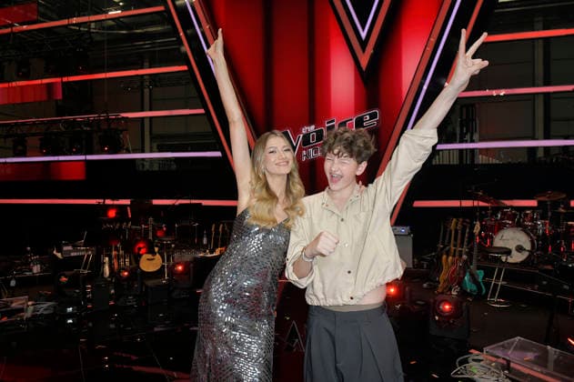 Leony und Max vom Team Leony beim Photocall mit den Finalisten und Coaches der 14. Staffel der TV-Show The Voice Kids im Studio H Berlin-Adlershof. Berlin, 03.04.2026