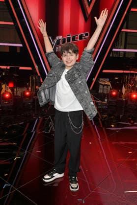 Renat vom Team Michael Patrick beim Photocall mit den Finalisten und Coaches der 14. Staffel der TV-Show The Voice Kids im Studio H Berlin-Adlershof. Berlin, 03.04.2026