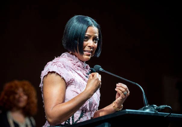 April 4, 2026, Philadelphia, Pennsylvania, United States: TAMRON HALL, American broadcast journalist, television talk show host and author, speaking at the WDAS-FM tenth annual Women Of Excellence Legend award at the luncheon held at the Philadelphia Sheraton Philadelphia United States - ZUMArf1_ 20260404_zaf_rf1_019 Copyright: xRickyxFitchettx