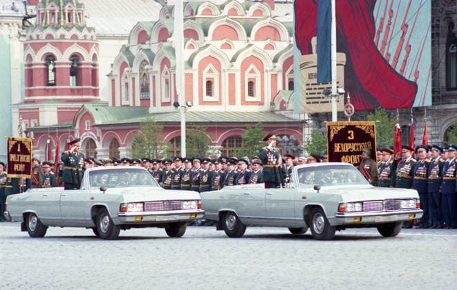 USSR. The Victory Parade took place in the Red Square. Marshal of the Soviet Union Viktor Kulikov (R) takes the parade and Army General Vladimir Govorov (L) commanders the parade. Nikolai Malyshev TASS  1230831