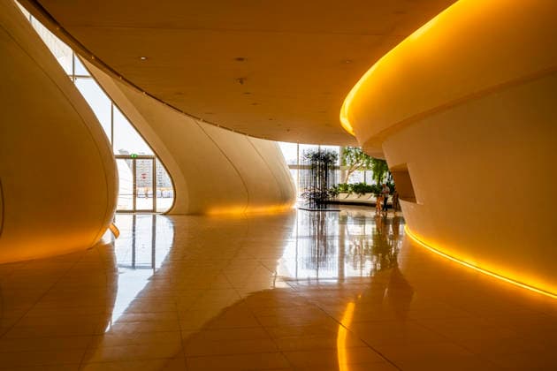 Modern architecture showcases smooth lines and lighting at the Heydar Aliyev Center in Baku, Azerbaijan Copyright: MichaelxRunkel 1184-14898 Editorial Use Only