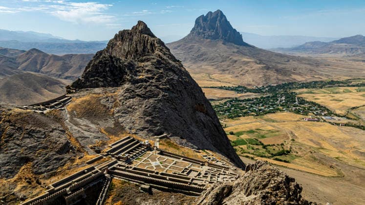 Aerial view of Alinja castle showing mountain landscape and valleys in Azerbaijan Copyright: MichaelxRunkel 1184-14934