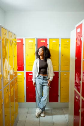 Student standing in school locker room with colorful lockers. Teenage girl standing in school locker room with colorful lockers. model released