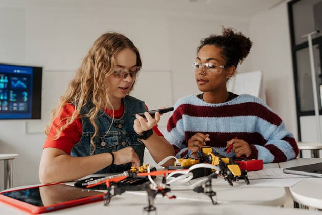 High school students working on robotics project. Girls in STEM. High school students working on robotics project during sciene class. Girls in STEM. model released