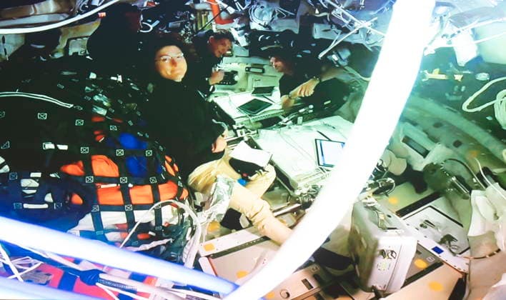 April 6, 2026, Longueuil, Pq, CANADA: Artemis II mission astronauts from left to right, Victor Glover, Christina Koch, Jeremy Hansen and Reid Wiseman are seen during a record-breaking lunar flyby on a live feed at the Canadian Space Agency headquarters in Longueuil, Que., on Monday, April 6, 2026. Longueuil CANADA  - ZUMAc35_ 20260406_zaf_c35_010 Copyright: xChristinnexMuschix