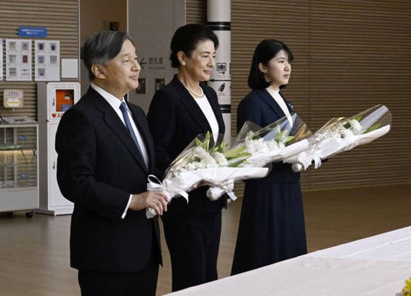 Japan imperial family s trip to Fukushima Japan s Emperor Naruhito, Empress Masako (C) and their daughter Princess Aiko lay flowers at the Great East Japan Earthquake and Nuclear Disaster Memorial Museum in Futaba, a Fukushima Prefecture town that co-hosts the crippled Fukushima Daiichi nuclear power plant, on April 6, 2026. Fifteen years after the earthquake, tsunami and nuclear disasters that struck northeastern Japan in March 2011, they are visiting the prefecture to see the recovery efforts firsthand.  A14AA0005440242P