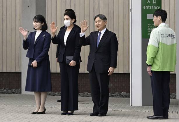 Japan imperial family s trip to Fukushima Japan s Emperor Naruhito (3rd from L), Empress Masako (2nd from L) and their daughter Princess Aiko arrive at the Great East Japan Earthquake and Nuclear Disaster Memorial Museum in Futaba, a Fukushima Prefecture town that co-hosts the crippled Fukushima Daiichi nuclear power plant, on April 6, 2026. Fifteen years after the earthquake, tsunami and nuclear disasters that struck northeastern Japan in March 2011, they are visiting the prefecture to see the recovery efforts firsthand.  A14AA0005440246P