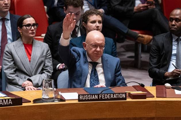 April 7, 2026, New York, New York, USA: Ambassador Vassily Nebenzia of Russia votes against the resolution during Security Council meeting as members vote on draft resolution on reopening of Strait of Hormuz at UN Headquarters in New York, NY on April 7, 2026. Bahrain is the President of Security Council for the month of April. Resolution received 11 for votes, 2 absentee votes (Colombia and Pakistan) and 2 against votes (Russia and China) and was not adopted since both Russia and China are permanent members of the Council and have veto power. New York USA - ZUMAr339 20260407_znp_r339_015 Copyright: xLevxRadinx