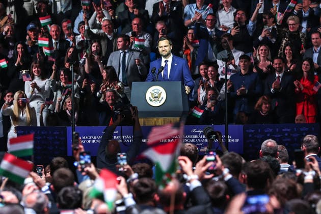 (260408) -- BUDAPEST, April 8, 2026 -- U.S. Vice President JD Vance speaks at a campaign rally in Budapest, Hungary, on April 7, 2026. U.S. Vice President JD Vance attended a campaign rally in Budapest on Tuesday afternoon alongside Hungarian Prime Minister Viktor Orban, criticizing European Union (EU) policies and expressing support for Orban ahead of upcoming elections. (Photo by Xinhua) HUNGARY-BUDAPEST-JD VANCE-EU POLICIES-ORBAN DavidxBalogh 